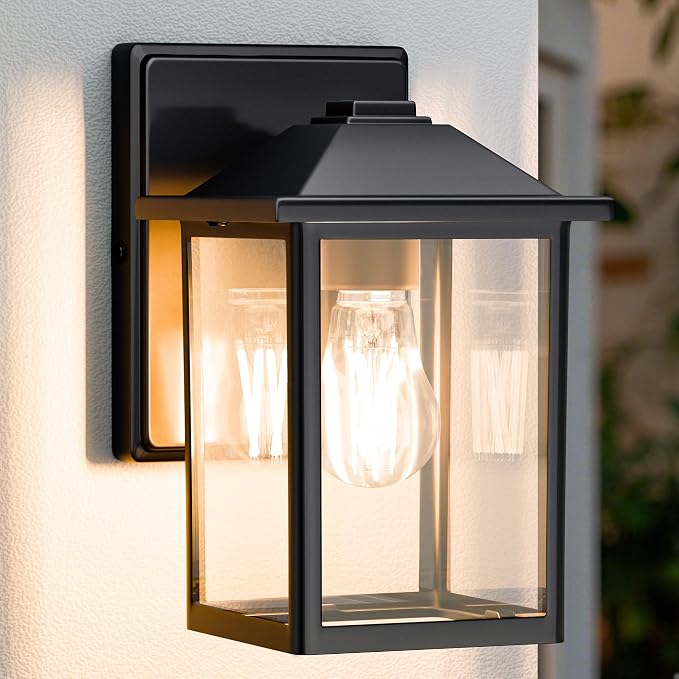 MATAMEYE Outdoor Wall Light Fixture, Exterior Waterproof Porch Lighting | Black Patio Wall Lantern, Anti-Rust, Clear Glass, E26 Socket, Wall Mount Sconce Lighting, Outside Front Door Light Entryway
