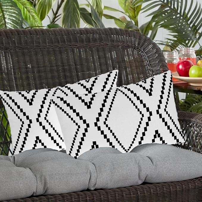 Outdoor Pillow Covers Waterproof, 12x20 Inches, Outdoor Boho Lumbar Throw Pillow Cases Decorative Pillows for Couch Patio Furniture Polyester Linen, White More (Black&white-02, 12x20 Inch)
