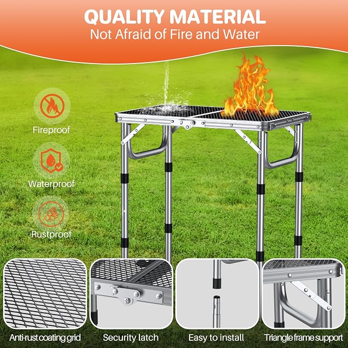 FUNYKICH Folding Grill Table for Outside, 3 Height Adjustable Portable Camping Tables, Lightweight Metal Aluminum Outdoor Table with Portable Handle for Camping, Picnic, BBQ, 23''x16'', Silver