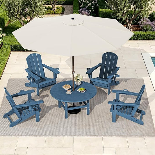 SERWALL 6-Piece Patio Set, 4 Folding Adirondack Chairs with Cup Holders, Round Table & Center Pole Umbrella, HDPE Plastic, Blue