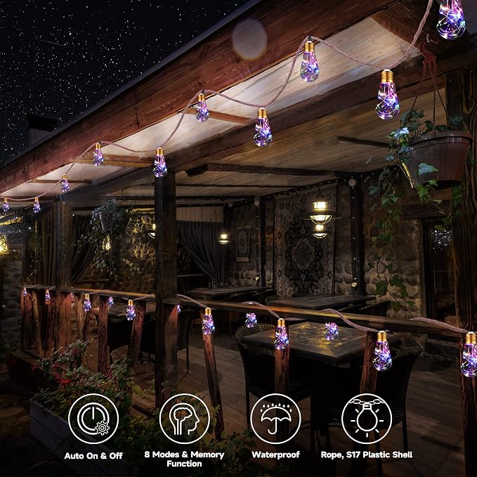 Solar Outdoor String Lights, 2 Pack 20Ft Vintage Rope Hemp Solar Patio Lights, Waterproof Multicolor Solar Powered String Lights With 8 Modes 16 Shatterproof Bulbs for Outside Garden Fence Stairs