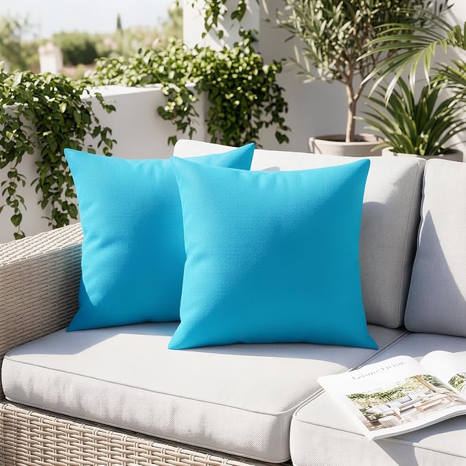 Lewondr 2 Pack Waterproof Outdoor Throw Pillow Covers, 18"x18", Light Blue | Waterproof, Solid PU Coating Throw Pillow Case, UV Protection Garden Cushion Cover, for Patio Decorative Sofa Couch Balcony