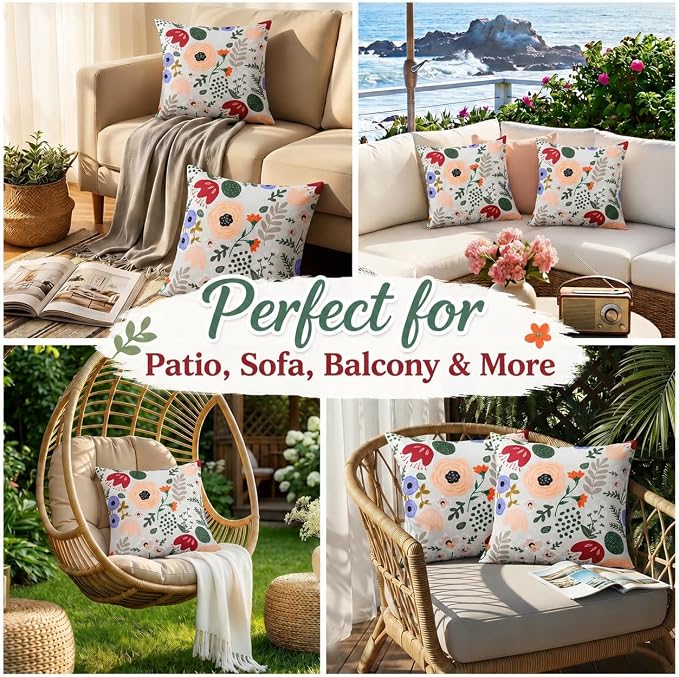 Pyonic Waterproof Outdoor Pillow Covers 18x18 Set of 2, Colorful Floral Decorative Cushion Covers for Patio Furniture, Garden, Balcony,Sunbrella， Boho Nordic Outdoor Indoor Home Decor