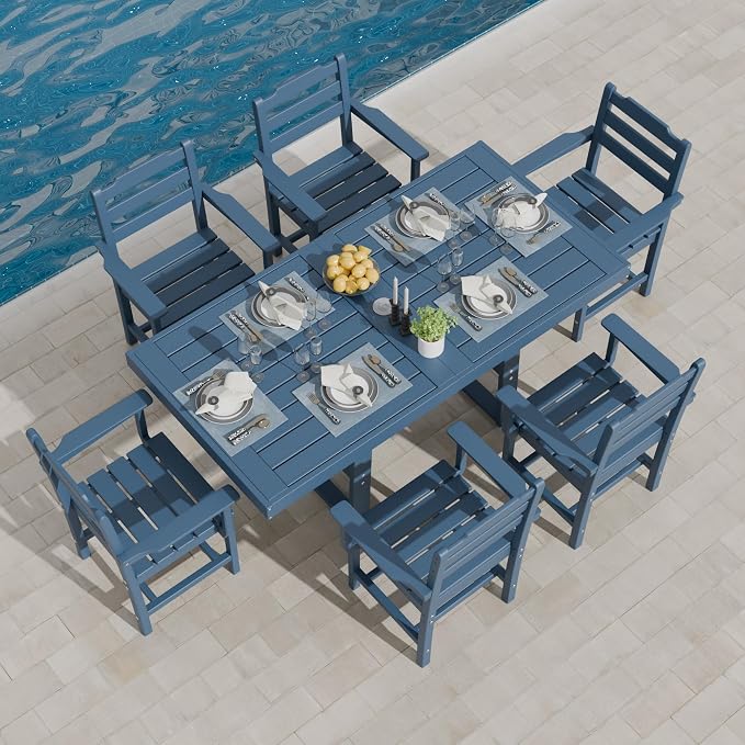 K Knowbody 7-Piece Outdoor Patio Dining Table and Chairs Set, Seats 6 | Steel-Reinforced HDPE, 100 lb/sq ft Load Capacity, 2-Inch Umbrella-Ready Tables, All-Weather, Fade-Resistant, Navy Blue