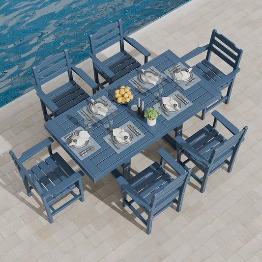 K Knowbody 7-Piece Outdoor Patio Dining Table and Chairs Set, Seats 6 | Steel-Reinforced HDPE, 100 lb/sq ft Load Capacity, 2-Inch Umbrella-Ready Tables, All-Weather, Fade-Resistant, Navy Blue