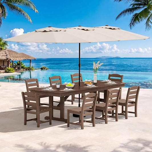 SERWALL 10 Piece Outdoor Dining Set with 15ft Triple-Head Foldable Umbrella(Based not Included), 84" HDPE Outdoor Table and Armless Chairs Set for 8, Brown