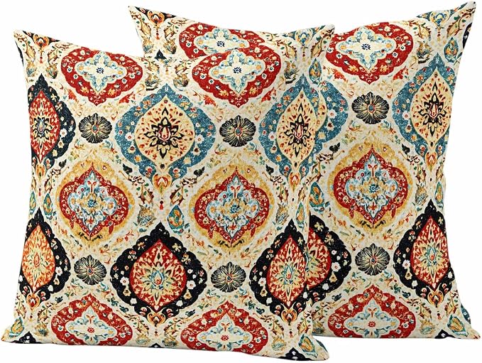 Bohemian Floral Outdoor Pillow Covers 18"x18" Set of 2, Abstract Moroccan Ethic Tribal Colored Floral Waterproof Throw Pillow Covers for Patio Furniture, Decorative Cushion Covers for Porch