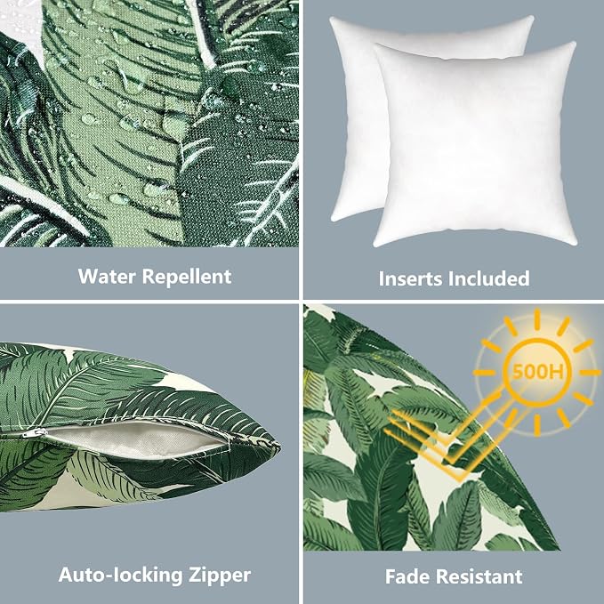 LVTXIII Outdoor Throw Pillows, Decorative Throw Pillows with Inserts, 16"x16" Square Pillows for Bed, Couch, Sofa and Patio Furniture, Set of 2, Swaying Palms Green