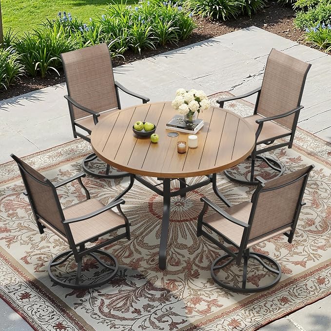 Soohow Round Outdoor Dining Table, 41" Round Patio Table Wood-Like Grain with 1.57" Umbrella Hole, Metal Outdoor Dining Tables for Backyard and Poolside