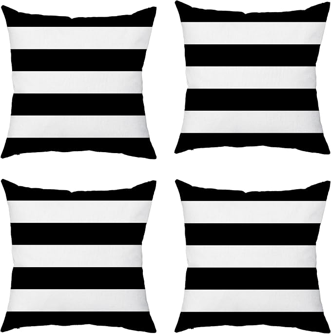 TAOSON Black White Striped Outdoor Throw Pillow Covers 18x18 Inch,Set of 4 | White Striped Waterproof Decorative Cushion Cases for Patio, Garden, Balcony & Couch