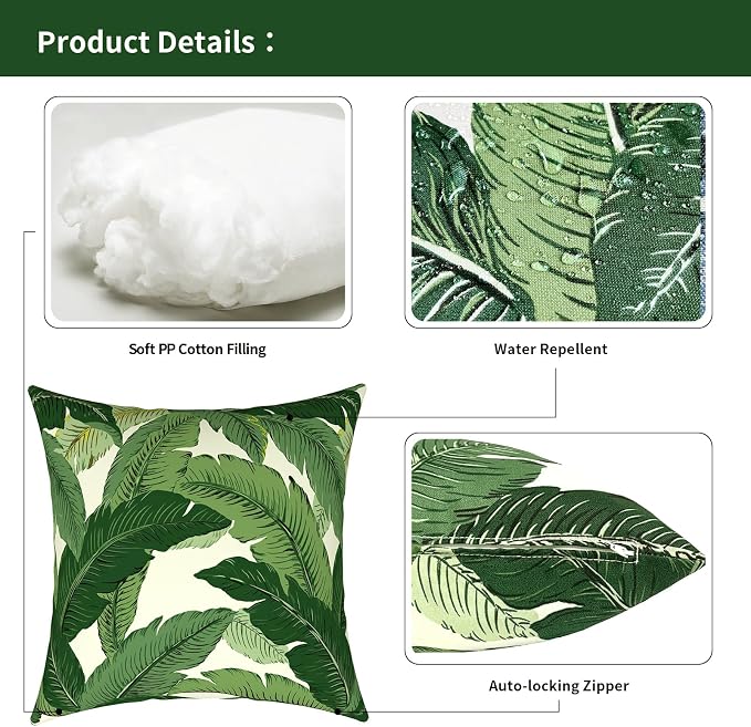 Outdoor Pillows for Patio Furniture 18x18 inch, Square Outdoor Throw Pillows with Inserts, Decorative Toss Pillows for Garden Couch Home Sofa Office Chair, Pack of 2, Swaying Palms Green