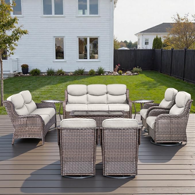 Outdoor Swivel Rocker Patio Chairs Set of 9 with 5" Thick Cushions ,9 Piece Furniture Set with Fire Pit Table All Weather Wicker Conversation Set for Porch Deck - Brown Wicker | Beige Cushions