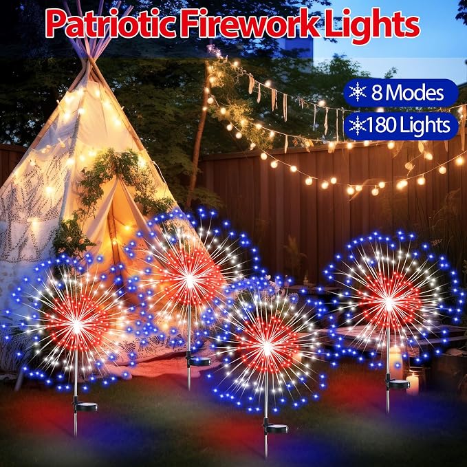 Tujoe 12 Pcs 4th of July Solar Firework Stake Lights 180 LED 8 Modes Solar Waterproof LED Sparkler Lights Outdoor Patriotic Decoration for Memorial Independence Day Garden Patio Yard (Red White Blue)