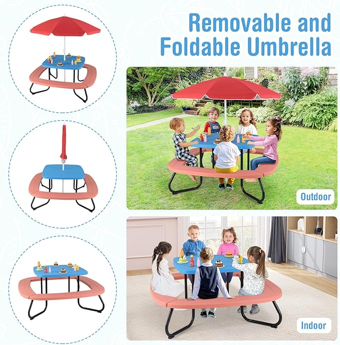 HONEY JOY Kids Picnic Table, 8 Person Toddler Outdoor Table and Chair Set, 4 Built-in Benches, Removable Umbrella, Metal Frame & HDPE Top, Children Outdoor Furniture for Backyard Patio Garden (Red)