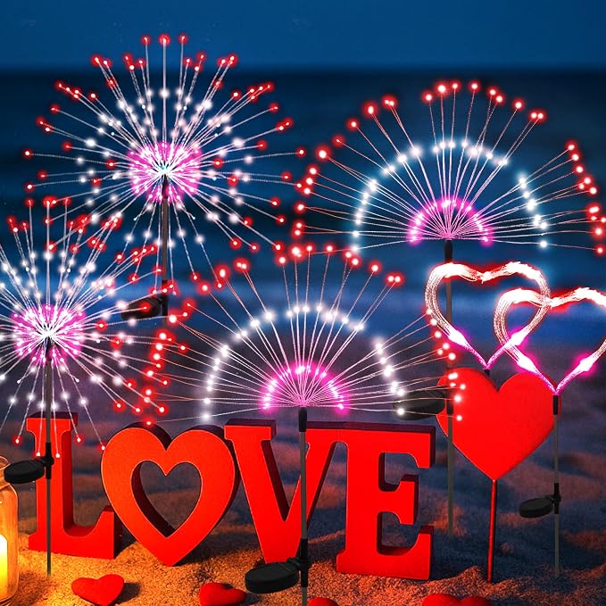 PEVOROS Solar Firework Fairy Garden Lights Outdoor, Red/White/Pink, 6 Pack | 120 LEDs, Waterproof, Fairy Garden Decor, Auto On/Off, Solar Powered, for Yard, Patio, Porch, Flower Pot, Pathway