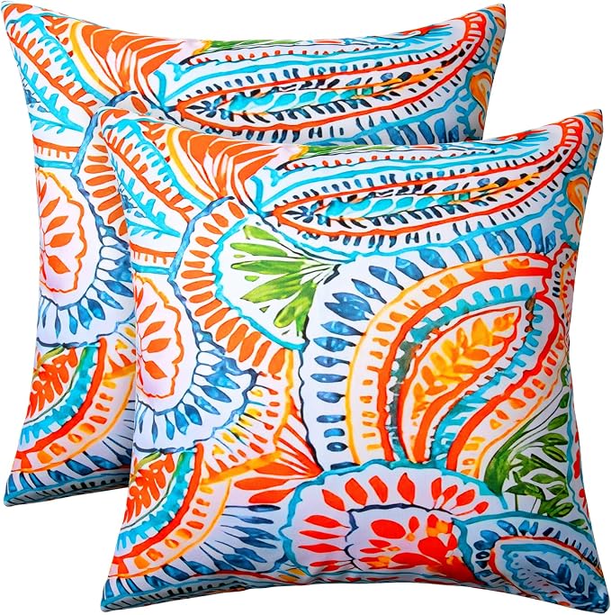 2 Pack Waterproof Outdoor Pillows, 18x18 Outdoor Throw Pillows | Patio Furniture Pillows, Fluffy Decorative Pillows, Waterproof &Fade Resistant, Removable & Washable, Paisley Multi Orange