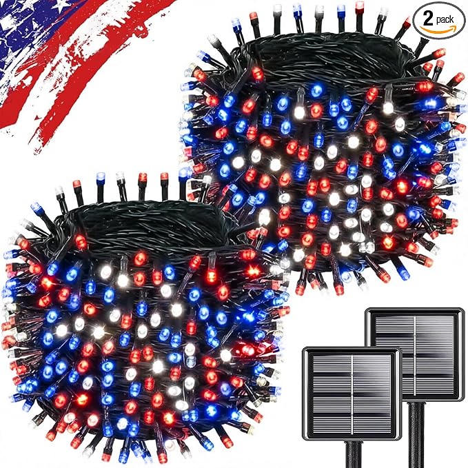 KAQ 2pack 500LED Solar String Lights Outdoor Waterproof Red White Blue | Total 180FT Flexible Wire With Bright LEDs, 8 Twinkle Modes with Memory, Auto On/Off Easily Decorates Trees, Fences, Garden