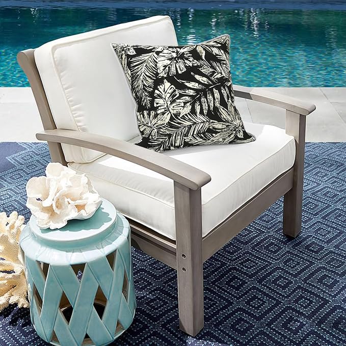 Outdoor Throw Pillow Covers Pack of 2, Decorative Water Repellent Square Pillow Cases with Piping 18x18 Inch, Tropical Leaf Black