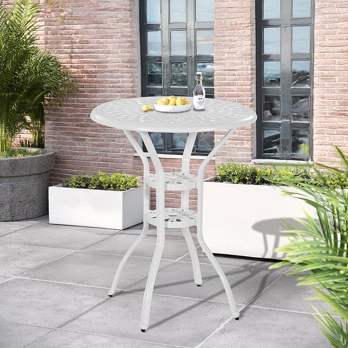 Outdoor Cast Aluminum Bar Table, 31" Patio Bar Height Table with 2" Umbrella Hole, All Weather High Top Bistro Round Dining Table for Outside Deck Porch Balcony Poolside, White