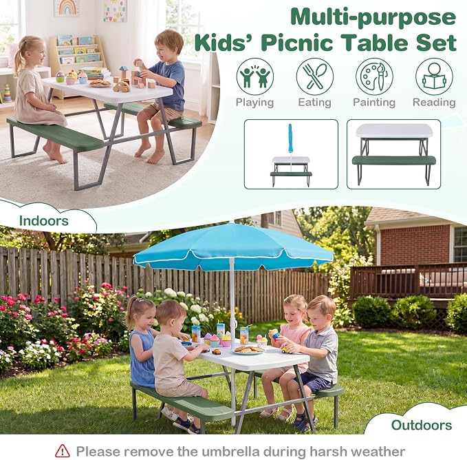 Costzon Kids Picnic Table, Toddler Outdoor Table & Bench Set with Removable Umbrella, HDPE Tabletop, Metal Frame, Kids Outdoor Furniture for Patio Backyard Garden, Fits 4 Children Age 3+ (Green)
