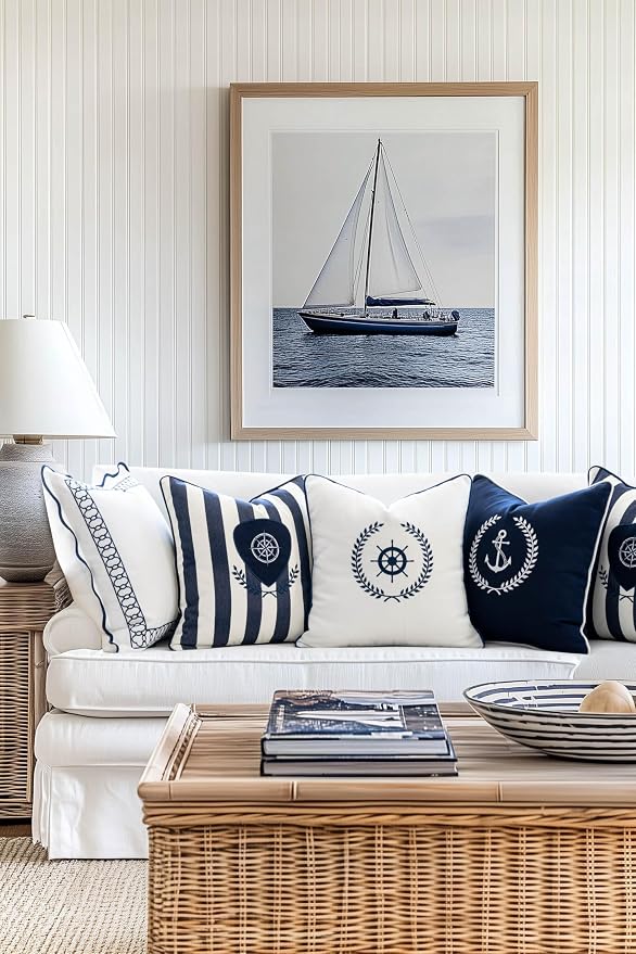 Hofdeco Premium Coastal Outdoor Performance Throw Pillow Cover Only, 18"x18" Water Repellent, UV and Fade Resistant for Backyard, Couch, Poolside, Navy Blue Embroidered Nautical Yacht Anchor