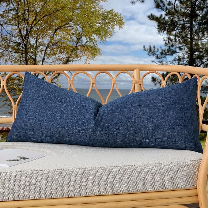 Kevin Textile Outdoor Waterproof 14”x36” Lumbar Pillow Cover 1 Pack, Blue | Water Resistant, Soft Faux Linen-cotton Yarn-dyed Woven Texture Throw Pillow Covers for Tent Patio Garden Couch Sofa