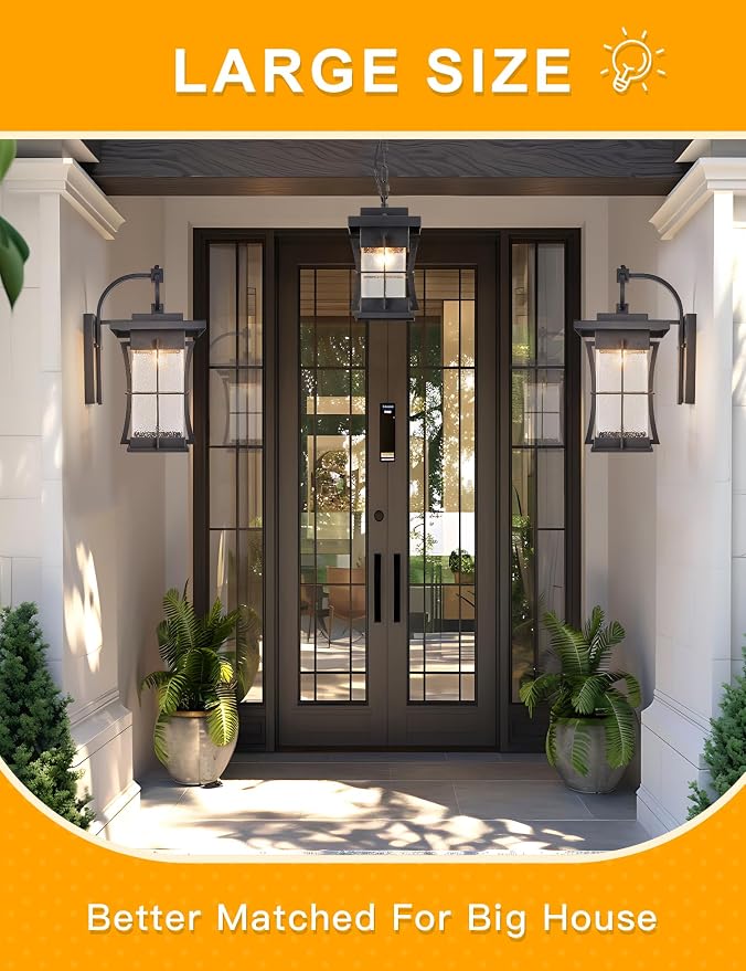 18" H Extra Large Outdoor Wall Sconce Black Large Exterior Wall Lantern Outside House Lamps Waterproof Mission Light Fixtures with Clear Seeded Glass, Perfect for Villa Porch Garage Coach Light