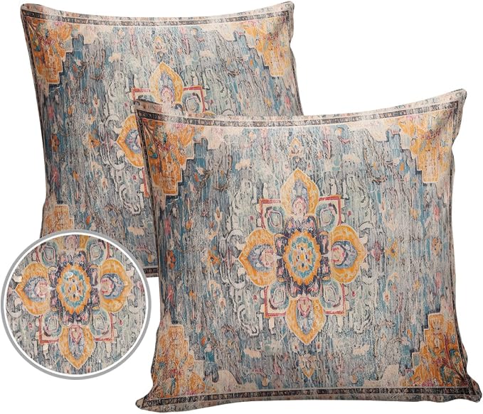 Prime Leader Outdoor Waterproof Pillow Covers Set of 2, Geometric Abstract Carpet Flowers Pattern Yellow Patio Throw Pillow Covers, Decorative Cushion Case for Couch Sofa Furniture Garden, 18x18 Inch