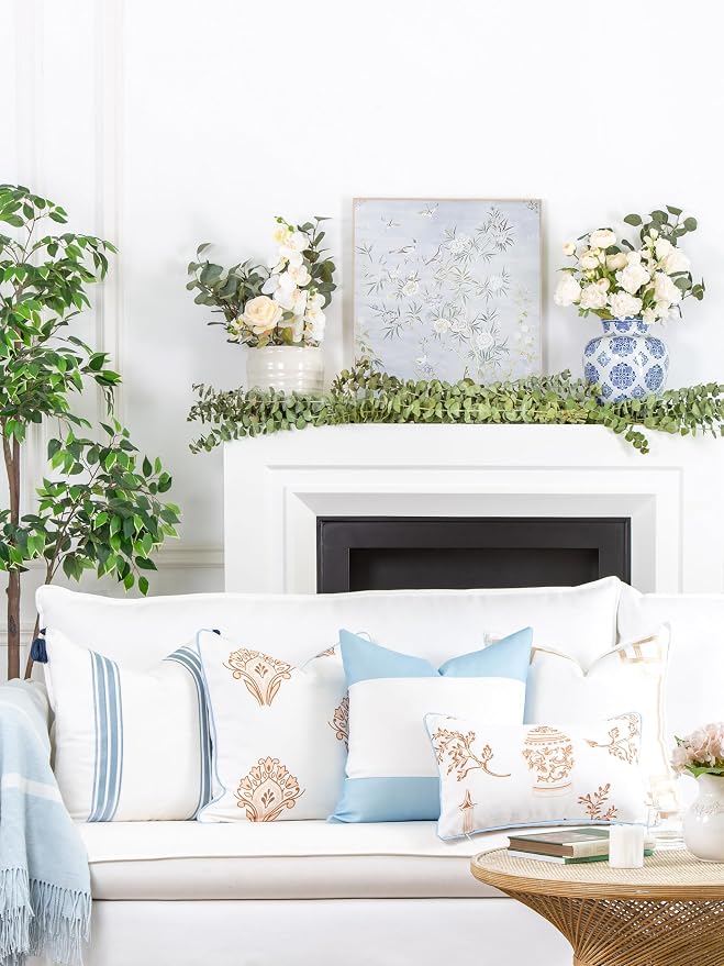 Hofdeco Premium Coastal Patio Indoor Outdoor Throw Pillow Cover Only, 20"x20" Water Repellent for Backyard, Couch, Baby Blue Tan Floral with Piping