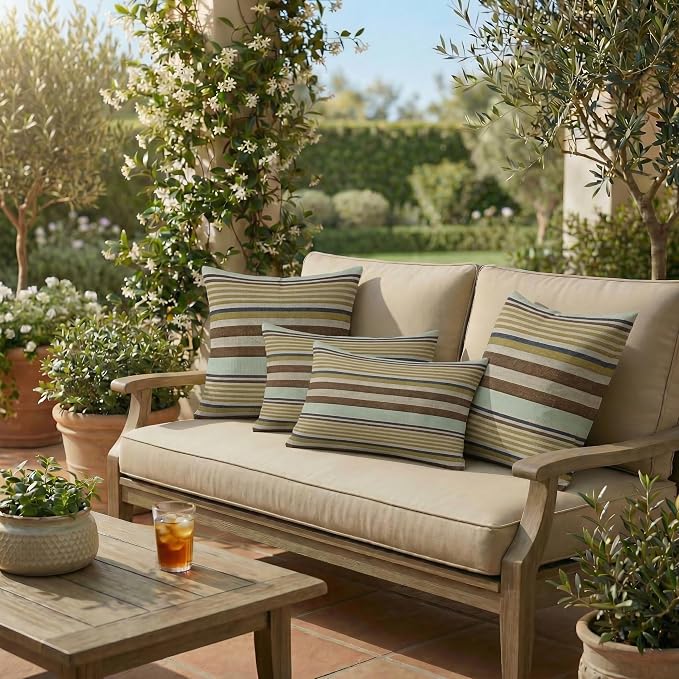 RSH DECOR: Lumbar & Square Pillows Set of 4 | 20" x 12" & 17" x 17" | Water and Fade-Resistant Performance Fabric | Outdoor Throw Pillows for Patio Furniture | Made in USA (Extend Seaglass)