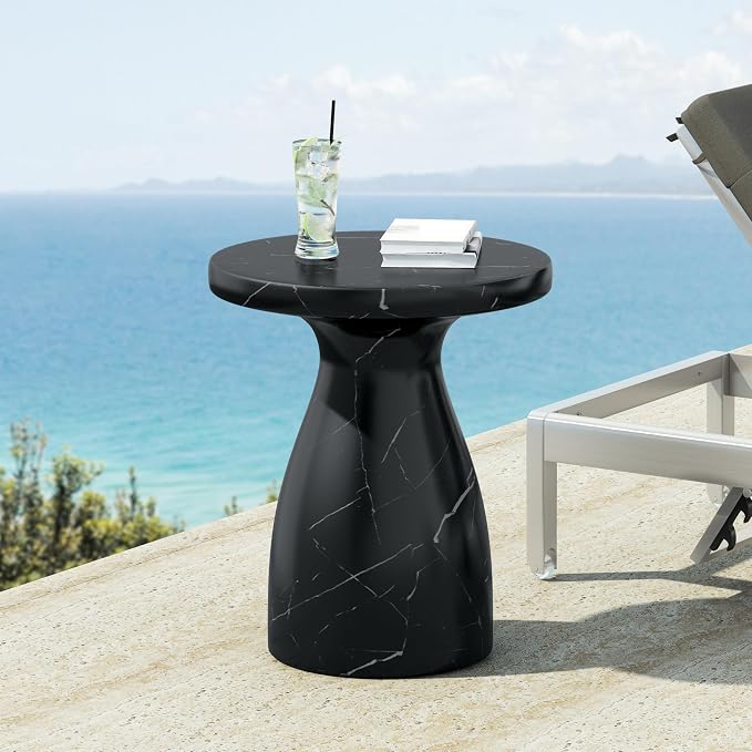 Outdoor Side Table 20" Hourglass Shape Concrete Side Table, Patio Tables for Outside Decorative Garden Stools, No Assembly Accent Table for Patio Porch Living Room, Black