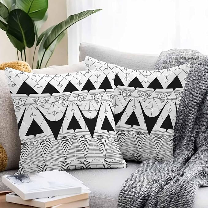 Throw Pillow Covers 26x26 Inch Set of 2, Black White Geometric Waterproof Outdoor Pillow Covers, Vintage Art Striped Decorative Cushion Pillowcases for Couch, Sofa, Bed, Garden, Patio
