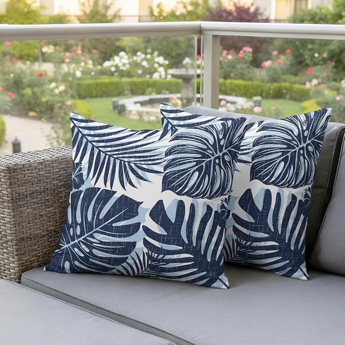 Navy Blue Palm Leaves Outdoor Pillow Covers 20"x20" Set of 2, Tropical Botanical Minimalist Modern Waterproof Throw Pillow Covers for Patio Furniture, Decorative Cushion Covers for Porch