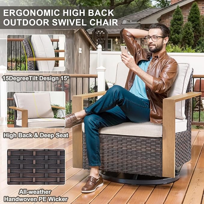 Belord 5 Piece Patio Furniture Set with Swivel Chairs, PE Wicker Patio Sofa Set Outdoor Swivel Rocker Patio Chairs with Anti-Rust Metal Wide Armrests for Deck Backyard Sunroom