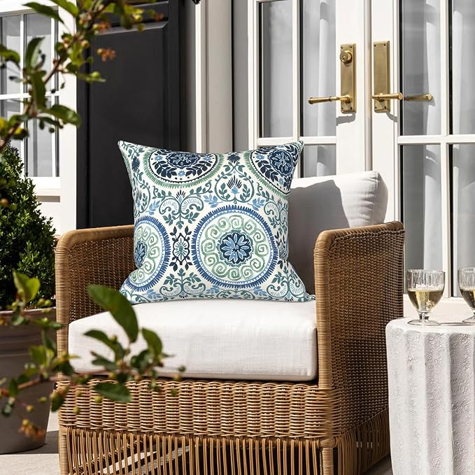 LVTXIII 2 Pack Outdoor Pillows 18x18 Inch, Square Throw Pillows with Inserts, Decorative Water-Repellent Pillow Cushions for Patio Furniture and Garden Sofa, Coastal Medallion