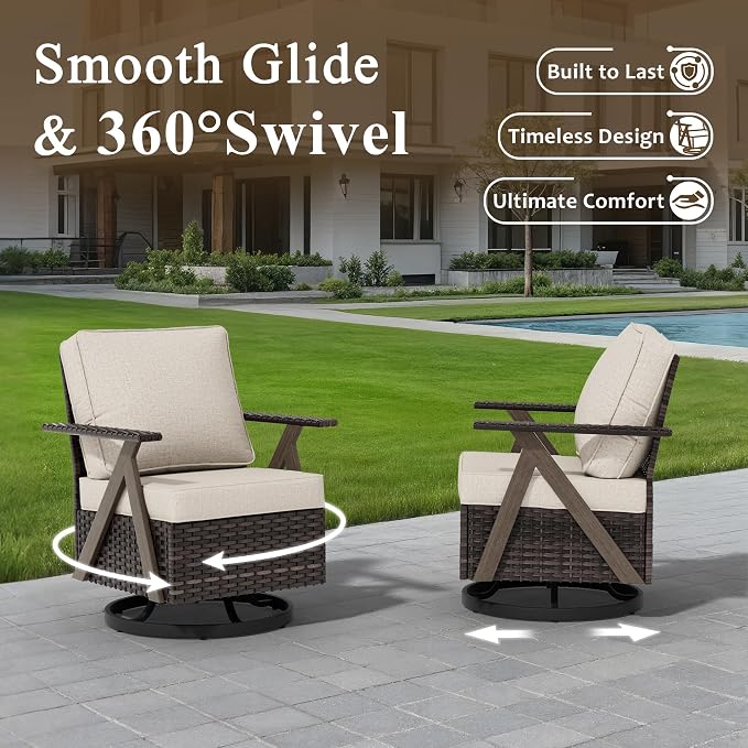 8 Pieces Patio Furniture Set,Outdoor Loveseat Sofa & High Back Swivel Rocker Patio Chairs, Wicker Conversation Set with Coffee Table and Side Table for Deck Yard and Poolside