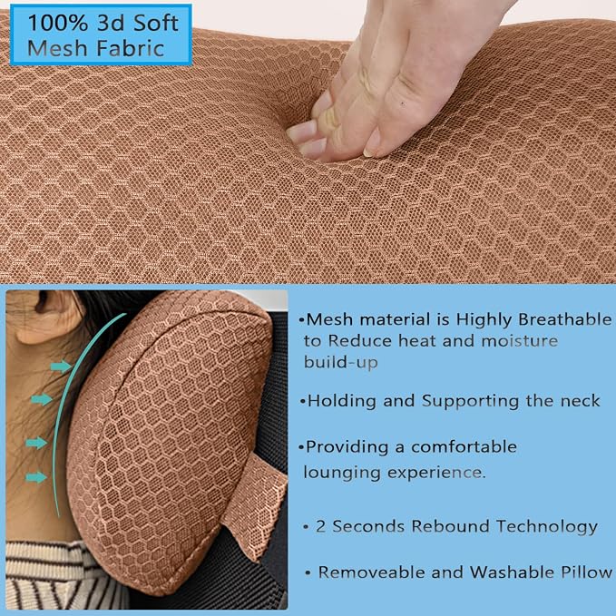 1 Pack Headrest Pillow for Patio Chaise Lounge,Recliner,Beach Chair,Brown | Resilient 3D mesh pillow with removable washable cover, adjustable elastic strap, ergonomic support, lightweight portable