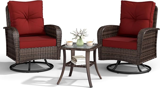 Kromax Outdoor Patio Furniture Set, All-Weather Wicker Swivel Glider Chairs Set of 2 with Coffee Table Table & Thick Machine Washable Cushions for Backyard, Garden, Porch, Brown/Red