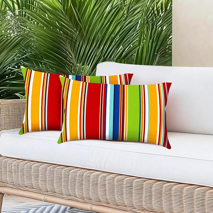 Outdoor Pillows for Lounge Chair Head Resting 2 Pack Waterproof | Headrest Lumbar Pillows with Adjustable Strap for Recliner Beach Pool Lounger Chair, Rainbow Stripes