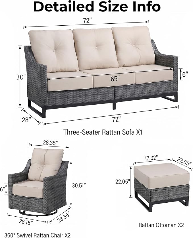 5 Pieces Patio Furniture Set, Weather-Resistant Wicker Swivel Rocker with Soft Cushions & Side Table,All Weather Outside Furniture with Ottoman for Porch, Garden, Backyard
