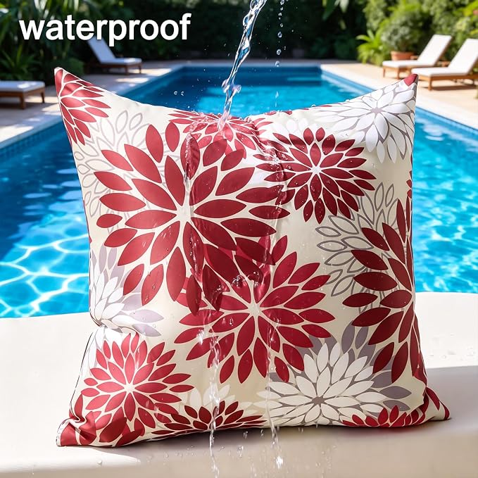 Set of 2 Dahlia Throw Pillow Covers Outdoor Pillows Waterproof 20x20 Inch Red and Pink Decorative Square Pillowcases With Invisible Zipper for Living Room Patio Garden FarmhouseTent Couch Bench