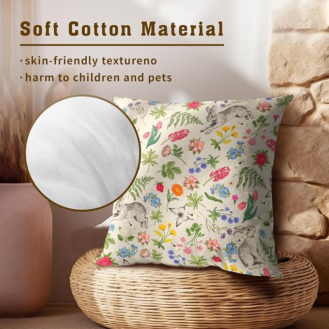 Spring Easter Throw Pillow Covers - Flower Sage Green Leaves Vintage Botanical Plants Pillow Cases Decorative for Rabbit Decor Couch Sofa Bedroom Living Room 18x18 Inch Set of 2