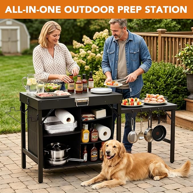 Grill Table Compatible with Blackstone Griddles, Portable Foldable Griddle Stand with Storage Shelf, Heavy Duty Camping Kitchen Table for Outdoor Cooking, BBQ, Camping and Patio, Black