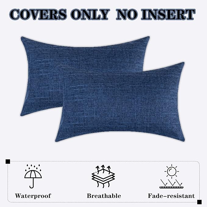 Kevin Textile Outdoor Waterproof 12”x20” Lumbar Pillow Covers 2 Pack, Blue | Water Resistant, Soft Faux Linen-cotton Yarn-dyed Woven Texture Throw Pillow Covers for Tent Patio Garden Couch Sofa