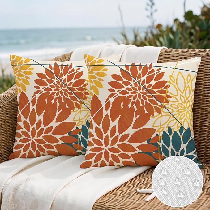 OTOSTAR Outdoor Orange Yellow Pillow Covers 18x18 Inch Set of 2 Blue Flower Throw Pillows Farmhouse Geometric Dahlia Floral Square Cushion Case Waterproof Decor for Sofa Patio Funiture Garden