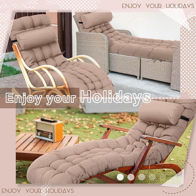 Tudomro Outdoor Chaise Lounge Cushion 66x21x4'' Waterproof & Fade-Resistant Patio Pool Chaise Lounge Cushion Headrest Pillow Tie Replacement Rocking High Back Chair(Taupe,1 Pcs)
