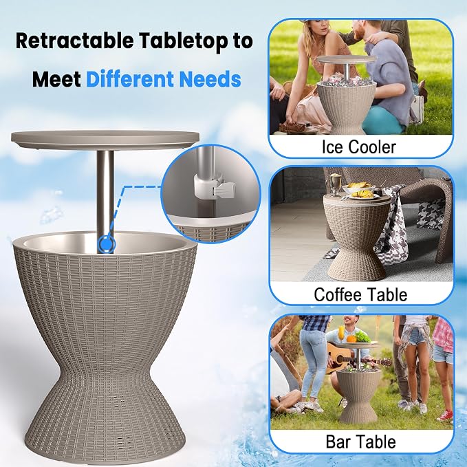 Outdoor Cool Bar Table 8 Gallon Portable Cooler Side Table,3-in-1 Cocktail Coffee Table Rattan Style,Sturdy, Waterproof & UV Resistant,Easy to Assemble & Clean for Indoor & Outdoor Use(Grey)