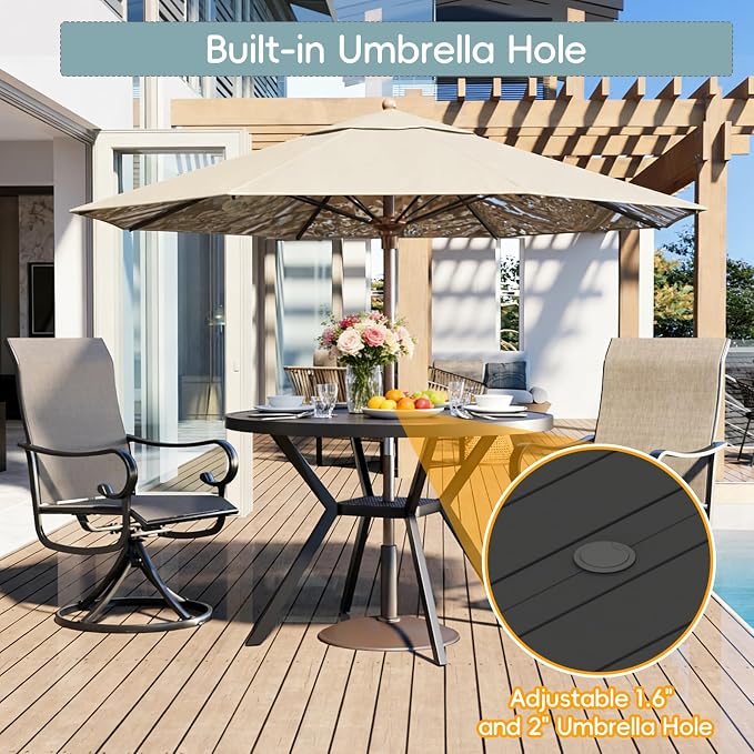 42" Outdoor Patio Table Dining Table All Weather Metal Round Patio Dining Table with Adjustable Umbrella Hole Patio Furniture for Lawn Garden Backyard, Black