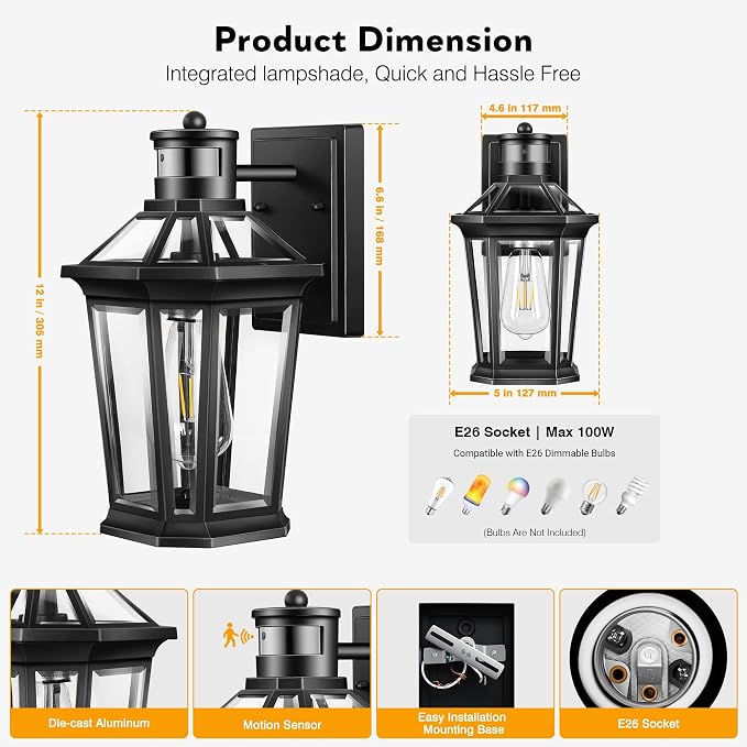 VIANIS Black 2 Pack Outdoor Lights for House, Dusk to Dawn Porch Light Lantern, Exterior Lighting for House Wall Mount, Motion Sensor Light Outside for Garage, Brightness Distance Adjustable