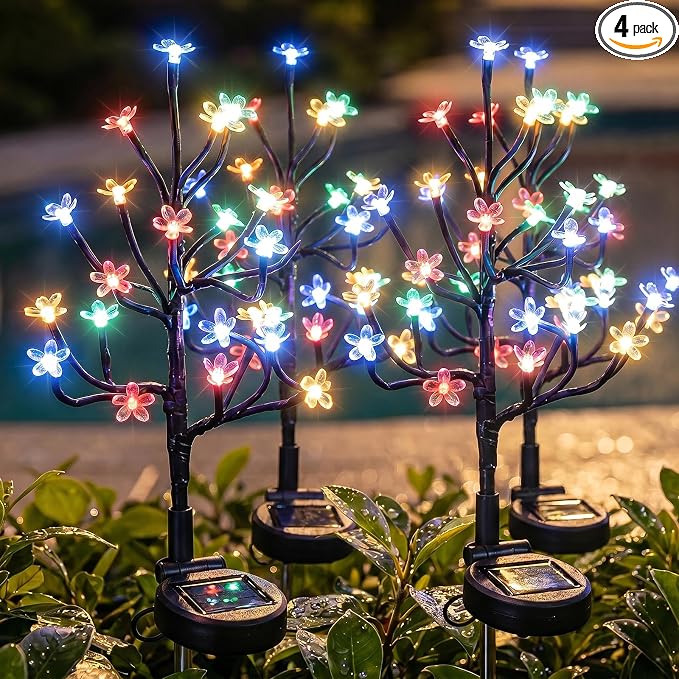 4 Pack Solar Garden Lights Outdoor, Solar Lights Outdoor Flowers | 2Modes 80LED Garden Decor, Waterproof Solar Powered Fairy Garden Outdoor Decorations for Yard Patio Pathway, Gardening Gifts